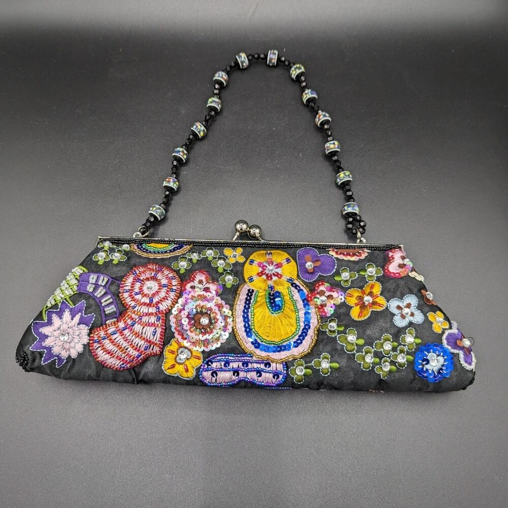 Black Beaded Sequined Clutch Purse Party Wedding Prom Evening Handle Boho Retro